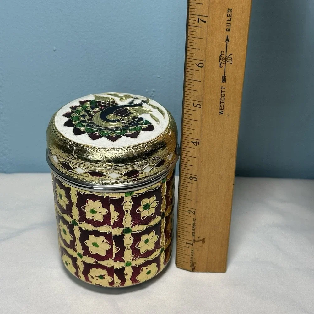 Meenakari Stainless Steel Box Peacock Lid Indian Decorative Canister Dabba